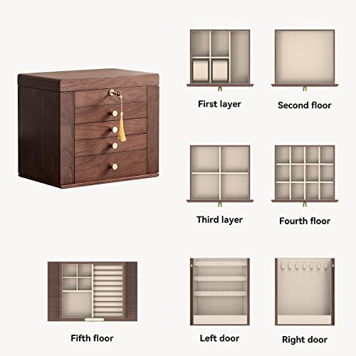 Homruilink Black Walnut Jewelry Box for Women Classical Wooden with Two Side Doors 5-Layer Organizer with Mirror 5 Big Drawers Watch Necklace Ring Homruilink