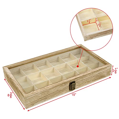 MOOCA Wooden Display Storage Case with Tempered Glass Lid for Jewelry and Beads with 18 Compartments Tray, 15 W x 8 3/8 L x 2 1/8 H in, Oak Color