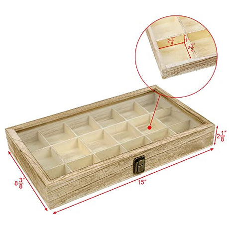 MOOCA Wooden Display Storage Case with Tempered Glass Lid for Jewelry and Beads with 18 Compartments Tray, 15 W x 8 3/8 L x 2 1/8 H in, Oak Color MOOCA