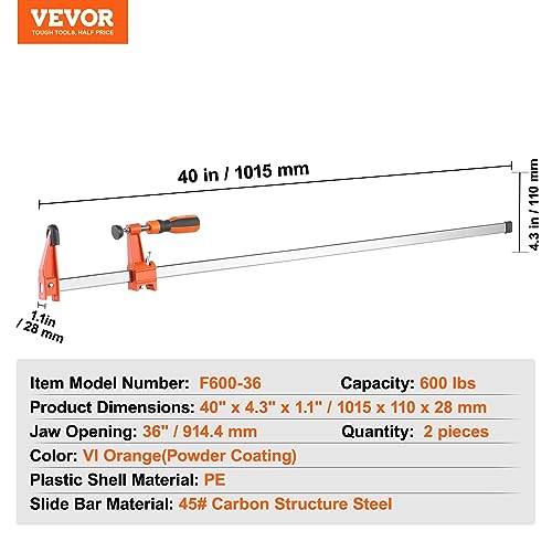VEVOR Bar Clamps for Woodworking, 2-Pack 36" Clamp/Spreader, Quick-Change F Clamp with 600 lbs Load Limit, 2.5" Throat Depth, Cast Iron and Carbon VEVOR