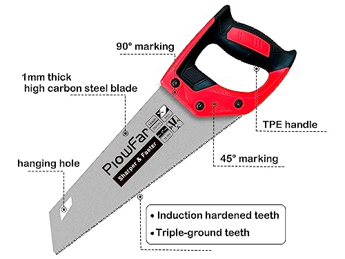 Plowfar 14 inch Hand Saw 11TPI Pro Fine Cut for Wood, Plastic Pipes, Drywall, Trees Trimming & Pruning, Sharp Manual Saw for Woodworking, Red PLOWFAR