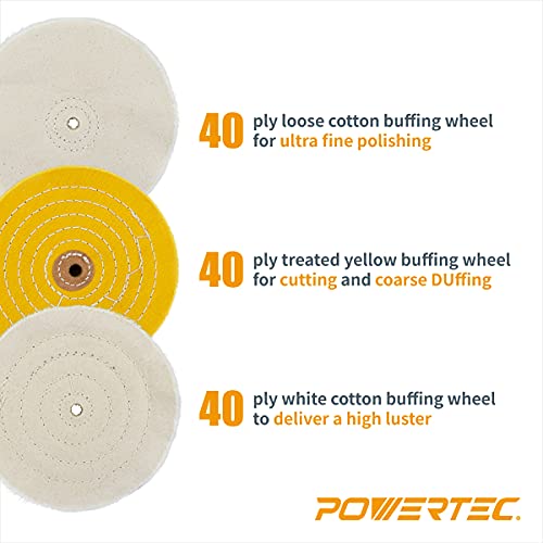 POWERTEC 71631 6 Inch Bench Grinder Buffing Wheel Kit w/ 3pcs Polishing Compound Set Including Black, White, Green Bars and Treated Yellow (40 Ply) POWERTEC