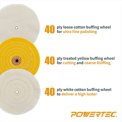 POWERTEC 71631 6 Inch Bench Grinder Buffing Wheel Kit w/ 3pcs Polishing Compound Set Including Black, White, Green Bars and Treated Yellow (40 Ply)