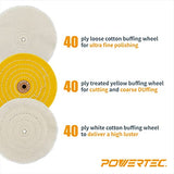POWERTEC 71631 6 Inch Bench Grinder Buffing Wheel Kit w/ 3pcs Polishing Compound Set Including Black, White, Green Bars and Treated Yellow (40 Ply) POWERTEC