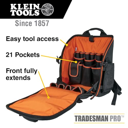 Klein Tools 55482 Tool Bag Backpack, Heavy Duty Tradesman Pro Tool Organizer with 21 Pockets and Large Interior, Water Resistant Klein Tools