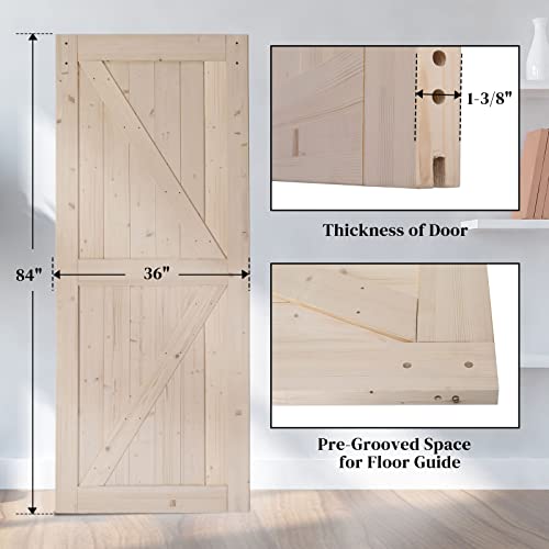 Winado 36" x 84" Sliding Barn Door, DIY Unfinished Interior Door with 6.6 FT Sliding Door Hardware Kit and Handle/Solid Spruce Wood/Predrilled Holes - WoodArtSupply