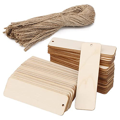 FOCCTS 80 Pieces Wood Blank Bookmarks DIY Wooden Craft Bookmark, Blank Rectangle Hanging Tags, Unfinished Wooden Gift Tags with Holes and Jute Ropes N\A