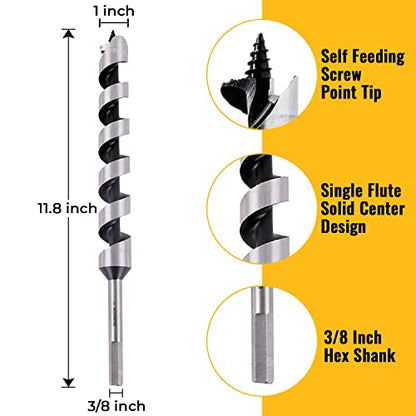 SOMADA 1-Inch x 12-Inch Auger Drill Bit for Wood, Hex Shank 3/8-Inch, Ship Auger Long Drill Bit for Soft and Hard Wood, Plastic, Drywall and - WoodArtSupply