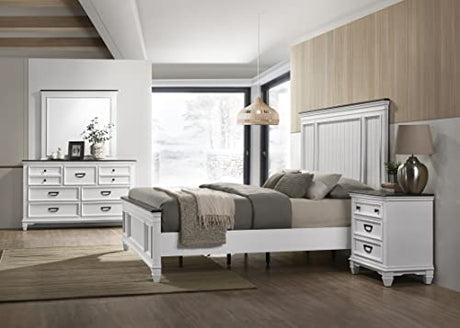 Roundhill Furniture Clelane Wood Bedroom Set with Shiplap Panel Bed, Dresser, Mirror, Two Nightstands, and Chest, Queen, Weathered White and Walnut Roundhill Furniture
