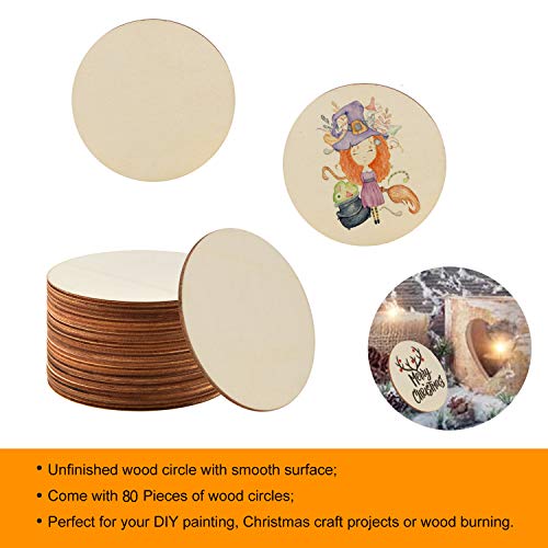 80 Pieces 3 Inch Unfinished Wooden Circles, Wooden Cutouts Natural Round Wood Slices for DIY Wood Craft, Door Hanger, Painting, Wedding, Coasters,
