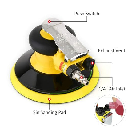 Professional Air Random Orbital Palm Sander, Dual Action Pneumatic Sander, Low Vibration, Heavy Duty … (5-inch Yellow)