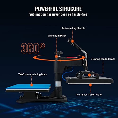 VEVOR Heat Press Machine, 12 x 15 Inch, 5 in 1 Combo Swing Away T-Shirt Sublimation Transfer Printer with Teflon Coated, Mug/Hat/Plate Accessories VEVOR