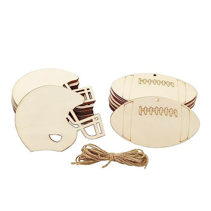 32 Pack Wood Football & Helmet Cutouts Football Helmet Shaped Wood Slices Football Theme Sports Hanging Ornaments Gift Tags for Home Party Decoration
