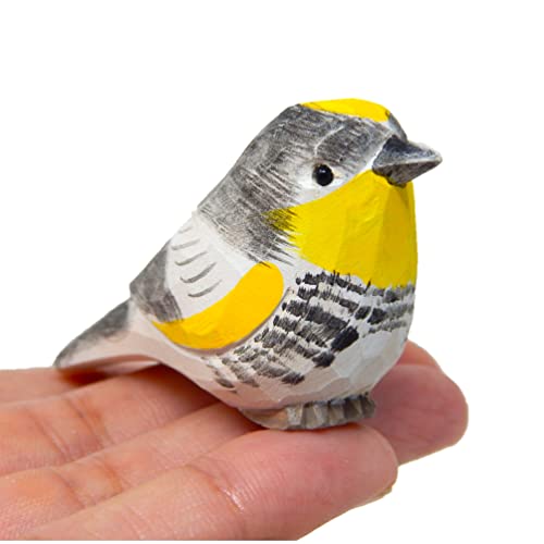 Selsela Yellow Rumped Warbler Wood Figurine Statue Myrtle Bird Miniature Handmade Art Craft Carve Small Animal Selsela