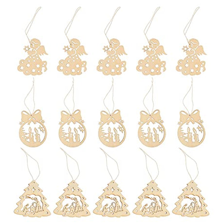 Kisangel 30pcs Wooden Pendant Wreath Wooden Cutout Christmas Wood Slices Unfinished Wooden Christmas Shapes Christmas Tree Bubbles Christmas DIY Xmas Kisangel