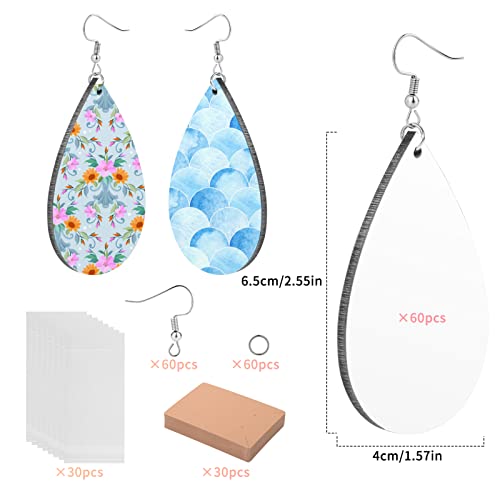 60 Pieces Sublimation Blanks Products, Sublimation Earring Blanks Unfinished Wood Teardrop Earring Pendant with Earring Hooks and Jump Rings Earrings