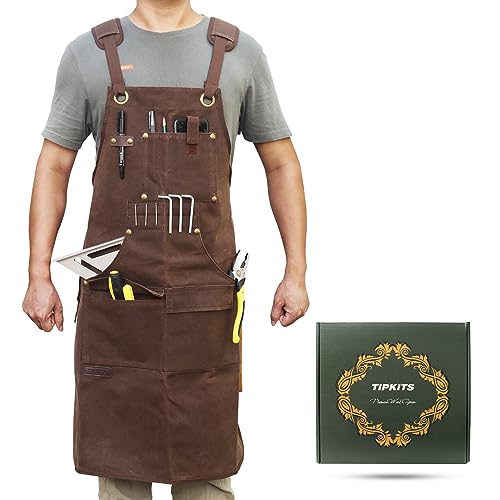 TIPKITS Woodworking Apron with 9 Tool Pockets, Work Aprons 20 oz Waxed Canvas with Magnetic Holders, Shop Apron for Carpenter's Gift - WoodArtSupply