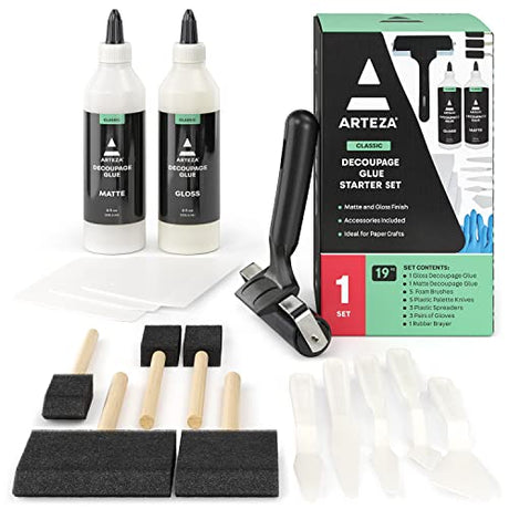 Arteza Decoupage Glue Craft Kit, 1 Gloss-Finish Glue and 1 Matte-Finish Glue, 8-oz Bottles, Foam Brushes, Plastic Spreader Tools, Gloves, Art ARTEZA