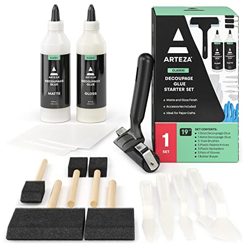 Arteza Decoupage Glue Craft Kit, 1 Gloss-Finish Glue and 1 Matte-Finish Glue, 8-oz Bottles, Foam Brushes, Plastic Spreader Tools, Gloves, Art - WoodArtSupply