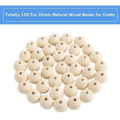 150pcs 25MM Wood Beads Natural Unfinished Round Wooden Loose Beads Wood Spacer Beads for Craft Making Decorations and DIY Crafts