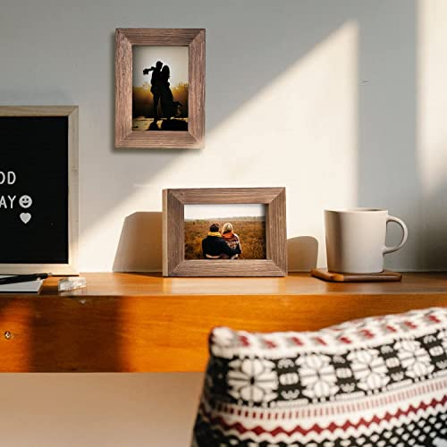 Wood Picture Frame 4x6 Brown Retro Photo Frames with Real Glass Solid Wooden Photo Frame Standing for Tabletop Hanging Wall Farmhouse Home Desk OKSQW