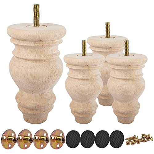 5 inch / 12cm Wooden Furniture Legs, Tchosuz Pack of 4 Unfinished Solid Wood Turned DIY Replacement Bun Feet with M8 Hanger Bolts & T-Nuts or Sofa