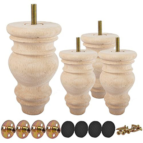 5 inch / 12cm Wooden Furniture Legs, Tchosuz Pack of 4 Unfinished Solid Wood Turned DIY Replacement Bun Feet with M8 Hanger Bolts & T-Nuts or Sofa WoodArtSupply