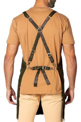Under NY Sky Cargo Green Apron – Cross-Back with Leather Straps, Heavy-Duty Waxed Canvas and Split-Leg – Adjustable for Men and Women – Pro Under NY Sky