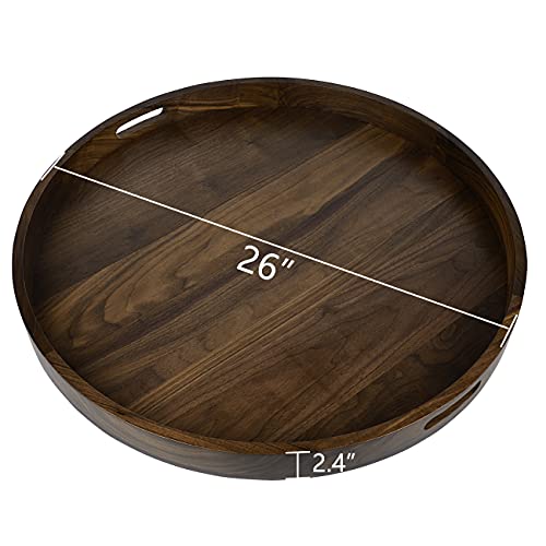 KINGCRAFT 26 x 26 inches Extra Large Round Ottoman Table Tray Wooden Solid Serving Tray with Handle Black Walnut Circle Platter Decorative Tray for - WoodArtSupply