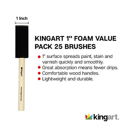 KINGART 241-25 Foam 25 Pc. Value Pack 1" Brush Set, Short Wood Handle, for Oil, Acrylic & Watercolor Paint, Great for Crafts, DIY Home Projects, - WoodArtSupply