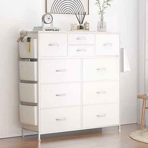 Lulive White Dresser for Bedroom with 10 Drawers, Chest of Drawers with Side Pockets and Hooks, PU Storage Dresser, Organizer Unit for Living Room, - WoodArtSupply