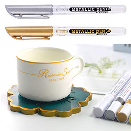 6Pc Gold Silver Epoxy Resin Drawing Pen Gold Leafing Point Pen Marker Acrylic Paint Highlights Metallic Permanent Marker Silicone Molds epoxy resin W-LOVE