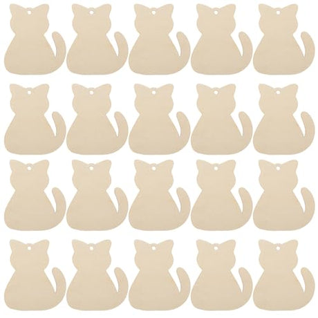 Tofficu 40pcs Unfinished Wooden Cat Cutout DIY Ornaments Paintable Blank Wood Cat Slices Gift Tag with Hole for Pets Themed Birthday Christmas Tofficu