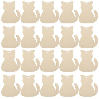 Tofficu 40pcs Unfinished Wooden Cat Cutout DIY Ornaments Paintable Blank Wood Cat Slices Gift Tag with Hole for Pets Themed Birthday Christmas