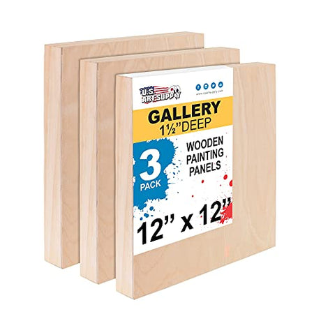 U.S. Art Supply 12" x 12" Birch Wood Paint Pouring Panel Boards, Gallery 1-1/2" Deep Cradle (Pack of 3) - Artist Depth Wooden Wall Canvases - U.S. Art Supply