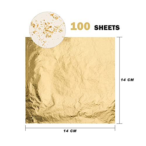 KraftiSky Gold Leaf Sheets - 100 Gold Foil Sheets - 14 x 14 cm Multipurpose Gold Leaf for Nails, Art & DIY Projects, Picture Frames, Home Walls, KraftiSky
