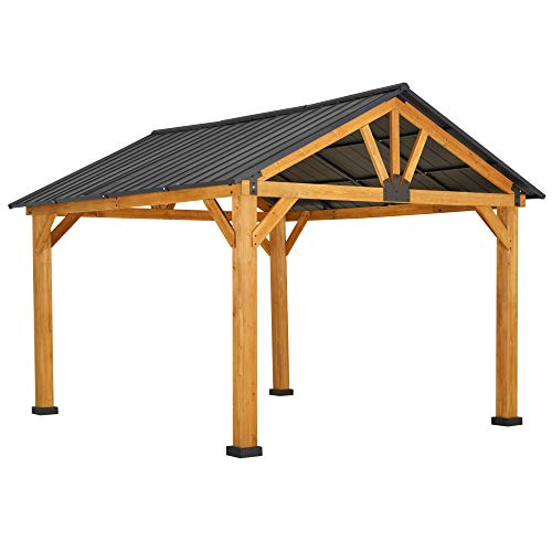 Outsunny 11' x 13' Hardtop Gazebo with Galvanized Steel Roof, Wooden Frame, Permanent Pavilion Outdoor Gazebo with Ceiling Hook for Garden, Patio, - WoodArtSupply