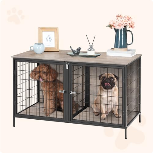 MAHANCRIS Dog Crate Furniture for 2 Dogs, 43.3" Dog Kennel with Removable Divider, Heavy Duty Wooden Dog Kennel for Small Medium Dog, Indoor Dog Cage - WoodArtSupply