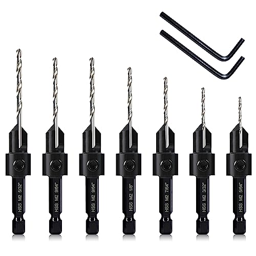 Countersink Drill Bit Set, 7-Piece Woodworking M2 Counterbore Taper Bits for #4, 6, 8, 10, 12, 14 Screws, 82-Degree Chamfer, ¼” Hex Shank, 2 Allen - WoodArtSupply