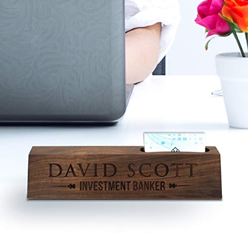 The Wedding Party Store, Custom Engraved Desk Name Plate - Personalized Desk Wedge with Business Card Holder (Walnut Wood) - WoodArtSupply