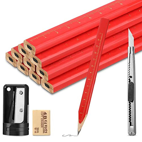 Clabby 10 Pcs Carpenter Pencil Construction Pencils 7 Inches Octagonal Red Carpenter Pencil with 1 Sharpener 1 Utility Knife 1 Eraser Pencil for Clabby