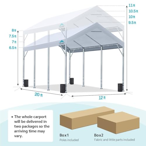 ADVANCE OUTDOOR 12x20 ft Heavy Duty Carport Car Canopy Garage Boat Shelter Party Tent, Adjustable Peak Height from 9.5ft to 11ft, White