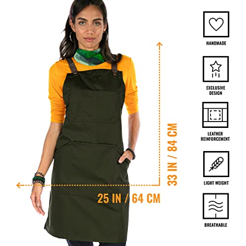 Under NY Sky Essential Army Green Apron – Cross-Back with Durable Twill and Leather Reinforcement – Adjustable for Men and Women – Pro Chef, Tattoo Under NY Sky