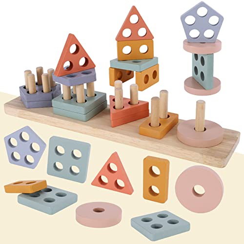 WTUST Montessori Toys for 1 2 3 Years Old Boys Girls,Toddler Learning Educational Wooden Sorting & Stacking Toys,Shape Sorter Color Stacker Toy