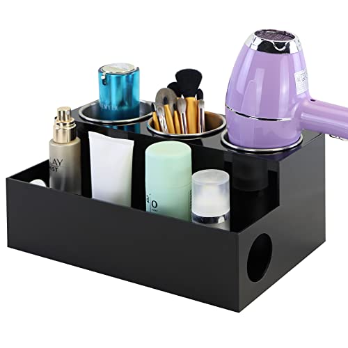 PITBVO Hair Tool Organizer, Black Acrylic Hair Dryer Holder with 3 Cups, Bathroom Supplies Countertop Blow Dryer Holder, Vanity Caddy Storage Stand