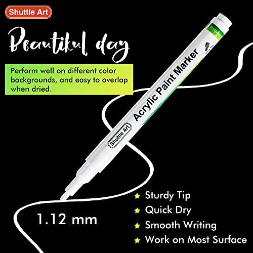 Shuttle Art White Paint Pen, 20 Pack Fine Tip Acrylic Paint Pens, Water-Based Quick Dry Paint Markers for Rock, Wood, Metal, Plastic, Glass, Canvas, Shuttle Art