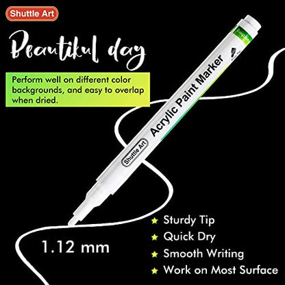 Shuttle Art White Paint Pen, 20 Pack Fine Tip Acrylic Paint Pens, Water-Based Quick Dry Paint Markers for Rock, Wood, Metal, Plastic, Glass, Canvas,