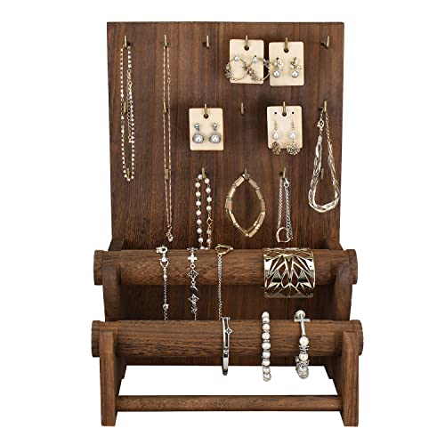 Ikee Design Wood Jewelry Holder Organizer Stand with 18 Hooks and Removable Holders,Earring and Bracelet Organizer,2 Tier Jewelry Tree Storage Tower, Ikee Design
