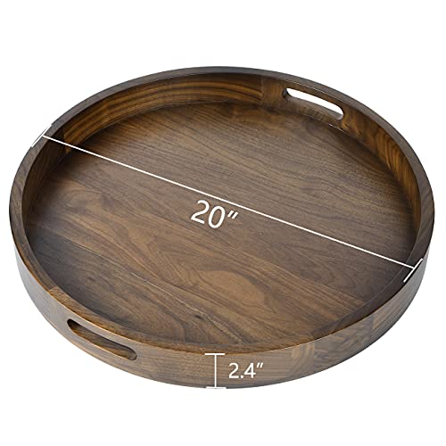 KINGCRAFT 20 x 20 inches Large Round Ottoman Table Tray Wooden Solid Serving Tray with Handle Black Walnut Circle Platter Decorative Tray for - WoodArtSupply