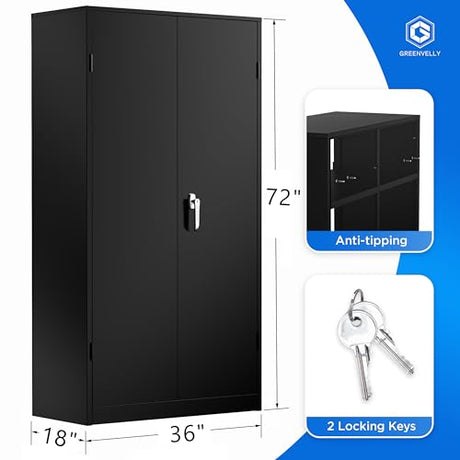 Greenvelly Metal Garage Storage Cabinet, 72'' Tall Storage Cabinet with 2 Doors and 4 Adjustable Shelves, Steel Lockable Tool Cabinets for Home Greenvelly